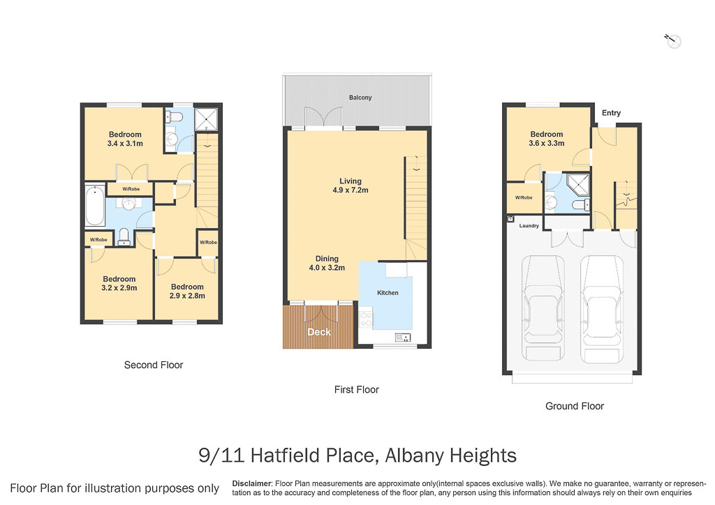 Detailed floor plan of an 9/11 Hatfield Place, Albany Heights townhouse showcasing ground floor internal double garage, guest bedroom with ensuite, open-plan first floor living and dining with balcony and deck, and three additional bedrooms upstairs – ideal North Shore family home in a peaceful cul-de-sac.