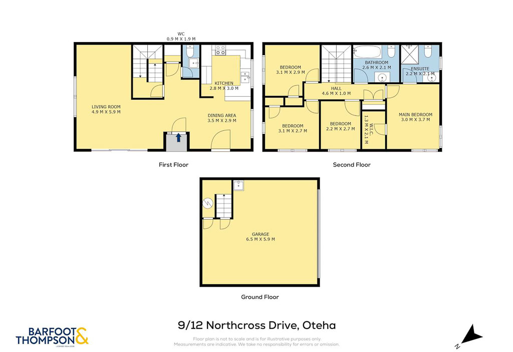 Detailed floor plan for 9/12 Northcross Drive, Albany, featuring a ground floor internal access garage, first floor with open-plan living and kitchen, and second floor with four bedrooms and two bathrooms – ideal affordable family home in Rangitoto College Zone.