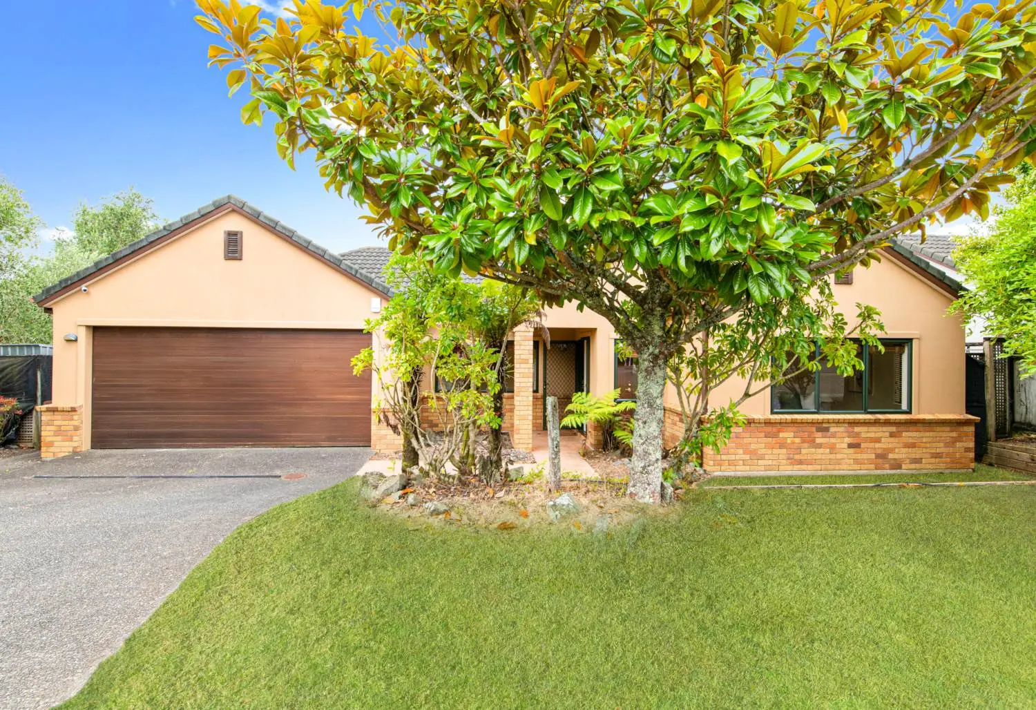 Single-level brick and plaster home at 14 Brigham Young Drive with double garage and landscaped front yard, presented by real estate agent Albany for property marketing.
