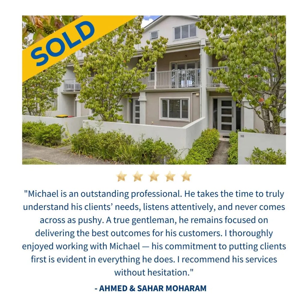 Sold property with client testimonial praising Michael Hossaini for outstanding service featured in a real estate webinar.