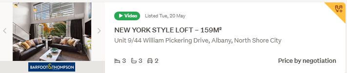 Barfoot & Thompson property listing showing New York style loft in Albany illustrating basic marketing costs for selling a property in New Zealand.