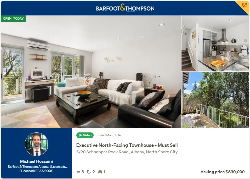 Premium Barfoot & Thompson property listing in Albany featuring large interior photos and agent profile demonstrating marketing costs for selling a property in New Zealand.